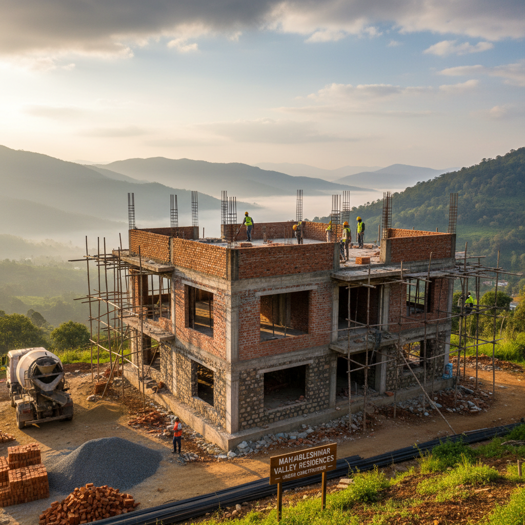 A premium, under-construction NA bungalow structure in Mahabaleshwar - Panchgani, with neat brickwork, column reinforcements, and a scenic green valley backdrop, photographed in warm, natural daylight, high-end real estate style
