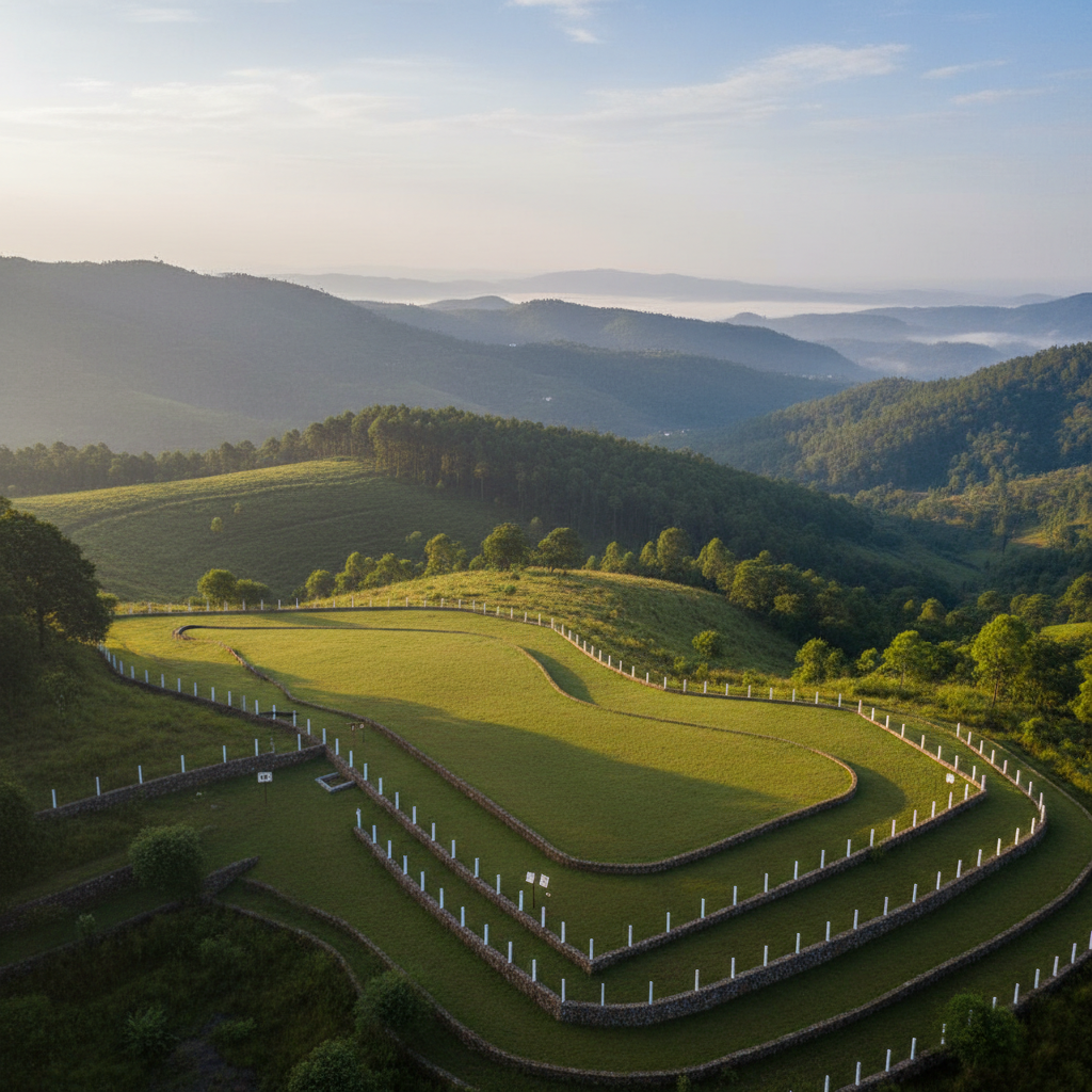 Premium NA plot in Mahabaleshwar–Panchgani with clear demarcated boundaries, gentle slopes, and surrounding hills in soft morning light, no people, clean real-estate photography