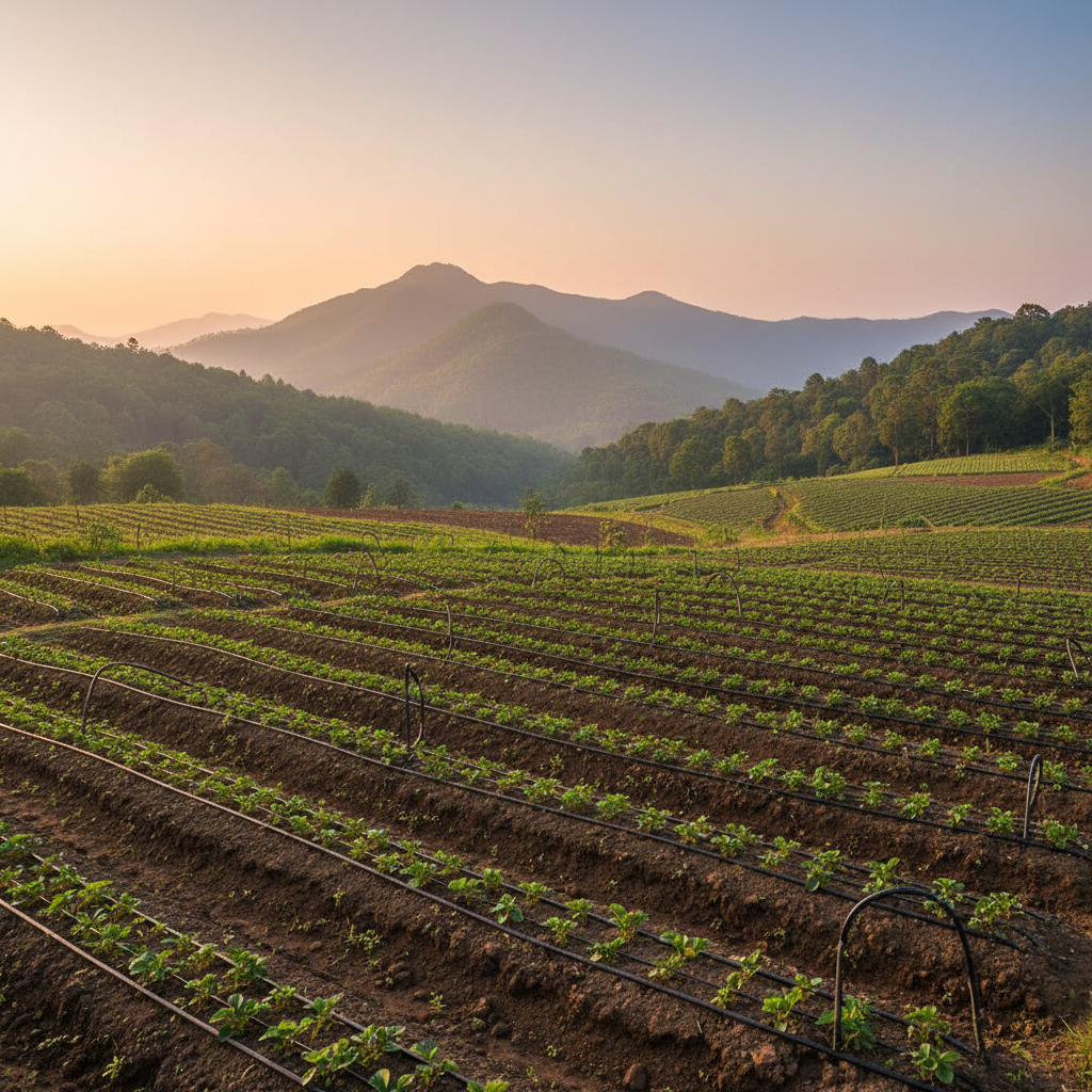 Lush NA farmland near Mahabaleshwar with young plantation rows, drip irrigation lines, and hills in the distance, photographed in soft afternoon light, no people