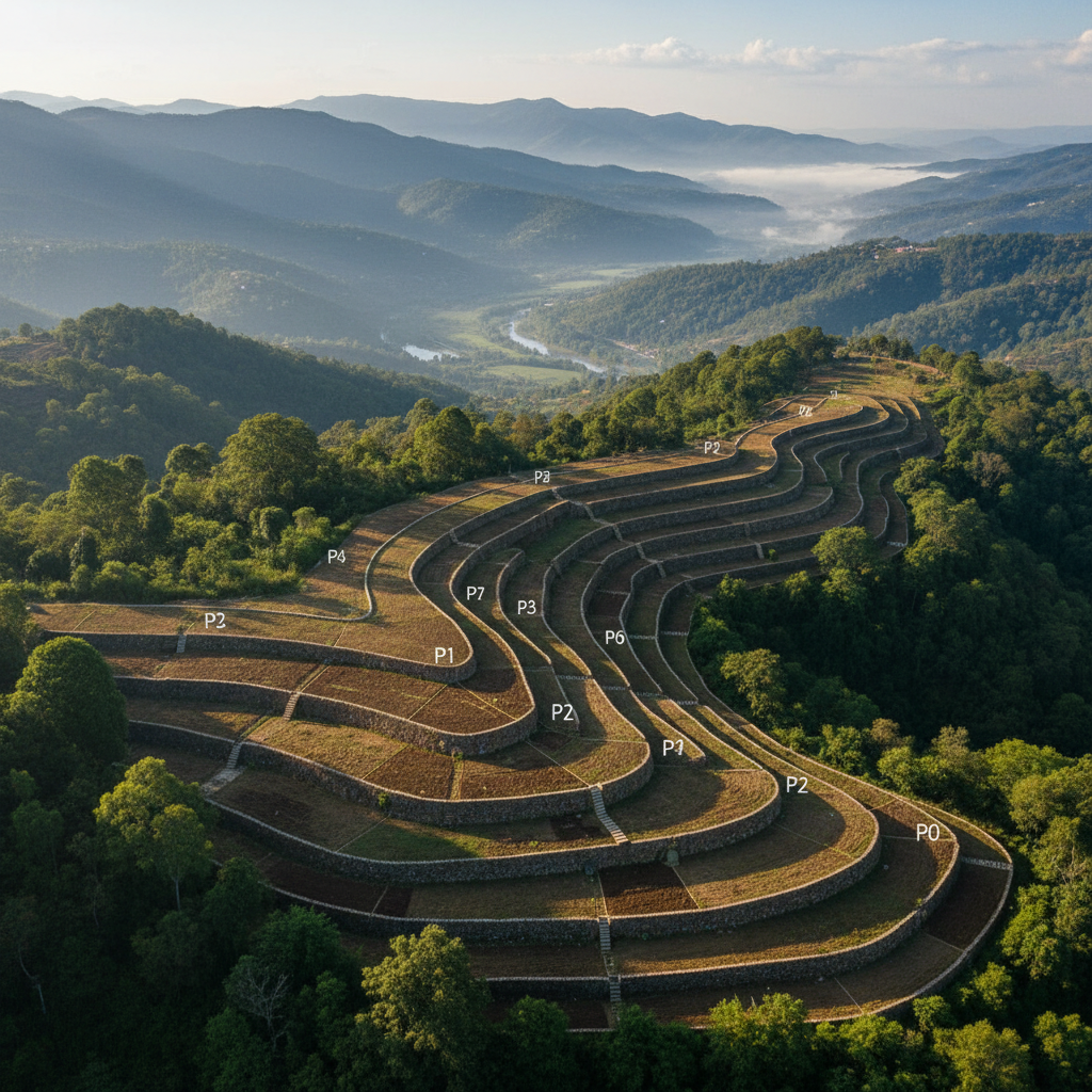 Aerial view of terraced NA plots in Panchgani with visible plot numbers, surrounding greenery, and valley backdrop, high-end real-estate photography, no people