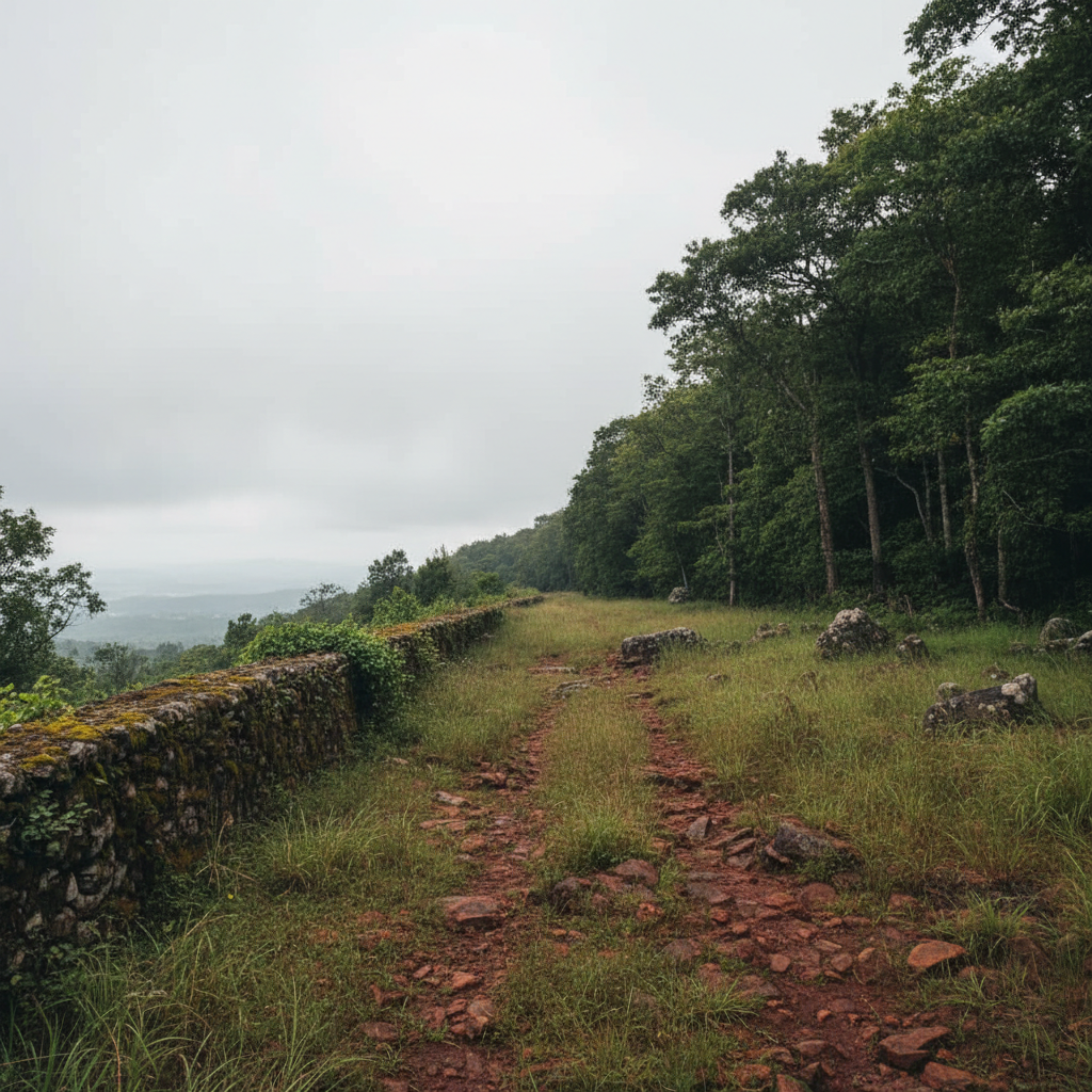 Wide NA plateau plot in Mahabaleshwar–Panchgani with compound wall on one side and forest edge on the other, shot at eye level in overcast light, no people