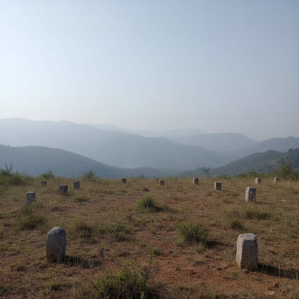 Mahabaleshwar farmland NA plot with mixed grass and red soil, simple boundary stones, and layered hills under hazy sky, square crop, no people