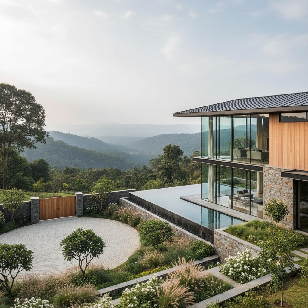 Premium modern farmhouse with clean contemporary architecture, large glass windows, and a flat roof, situated on a well-finished NA plot in Panchgani–Mahabaleshwar, surrounded by manicured landscaping and valley views, no people, high-end real-estate photography, daytime soft light