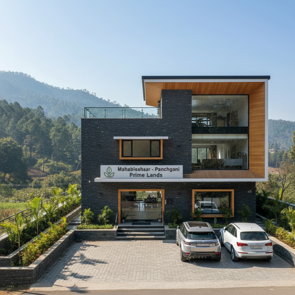 A realistic daylight photo of the Mahabaleshwar – Panchgani Prime Lands office exterior in Panchgani–Mahabaleshwar, showing a modern yet modest real estate office building with signage, glass door, and small parking area, surrounded by greenery and hills in the background, professional look for an Indian real estate website