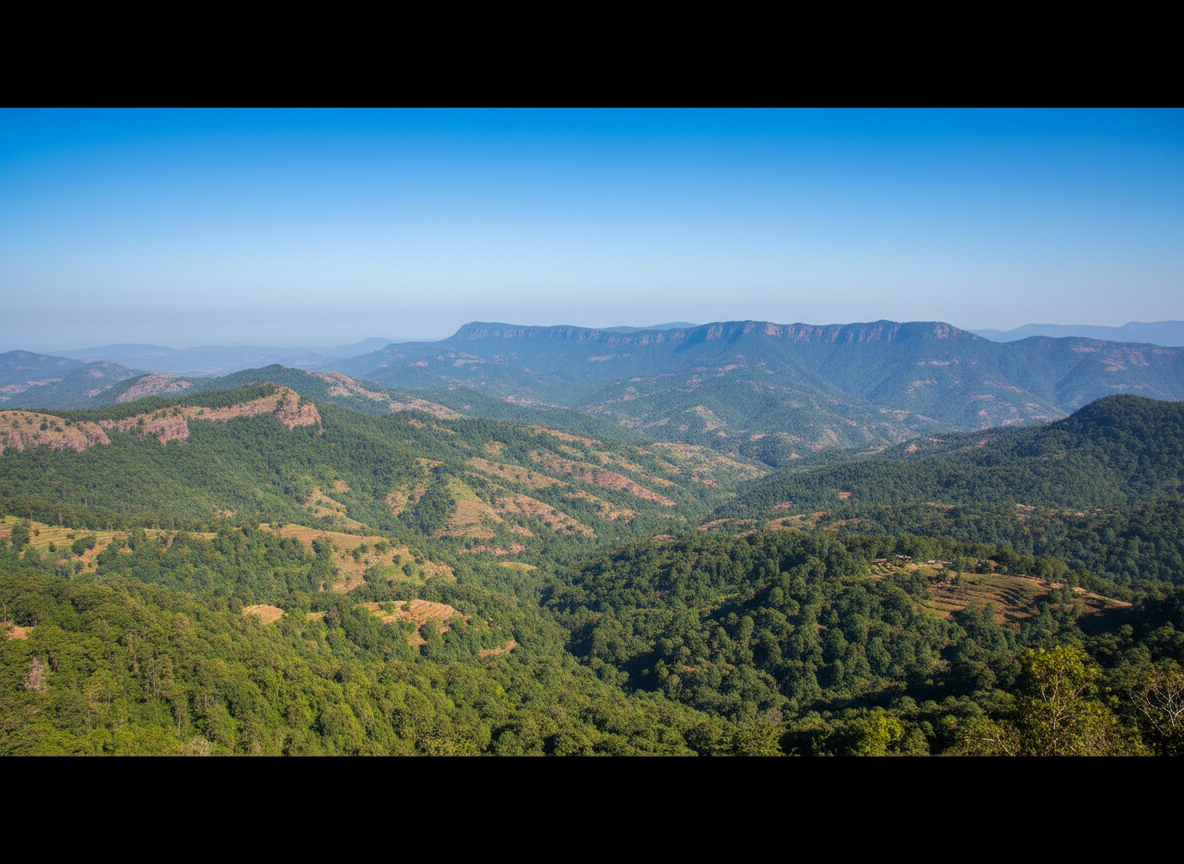 Professional panoramic daylight landscape of Mahabaleshwar – Panchgani hills with lush green valleys, layered hill ranges, and clear blue sky, shot in high resolution for an Indian real estate website hero image, modern and trustworthy look, no people, no text overlay