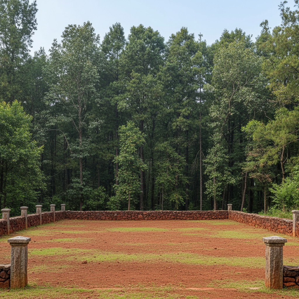 A premium NA plot in Mahabaleshwar–Panchgani bordered by a lush, dense evergreen forest. The foreground shows a neatly levelled NA plot with firm red laterite soil and patches of trimmed green grass, marked with elegant stone boundary pillars and a low laterite compound wall. Behind it, a rich wall of tall evergreen trees creates a dense, green backdrop. Soft daylight, realistic high-end real estate photography, clean composition, no people, square crop suitable for a property listing website.