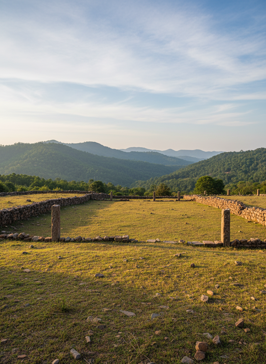 Clear NA plot / open land in the Mahabaleshwar–Panchgani region with visible boundary stones or low boundary wall, gentle slopes, and hills in the distance, no people, premium real-estate photography, vertical 3:4 portrait composition.