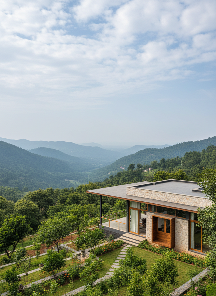 Tasteful low-rise farmhouse or small building on an NA plot in the Mahabaleshwar–Panchgani region, with clean contemporary architecture, surrounding greenery, and valley or hill views, no people, high-end real-estate photography, vertical 3:4 portrait composition.