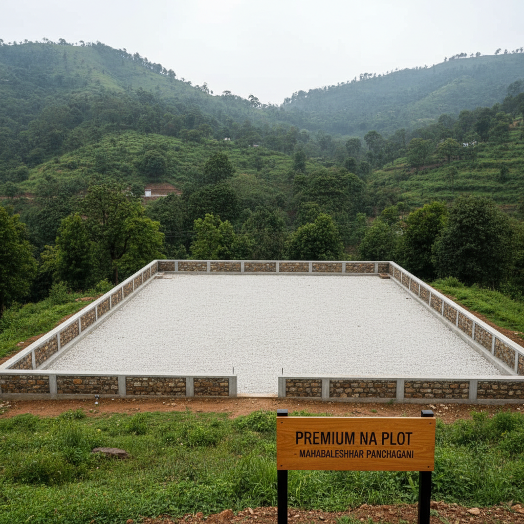 Premium NA plot in Mahabaleshwar–Panchgani with clearly built compound walls on all sides, levelled ground, lush green hillside surroundings, overcast soft light, clean modern real-estate photography, no people.