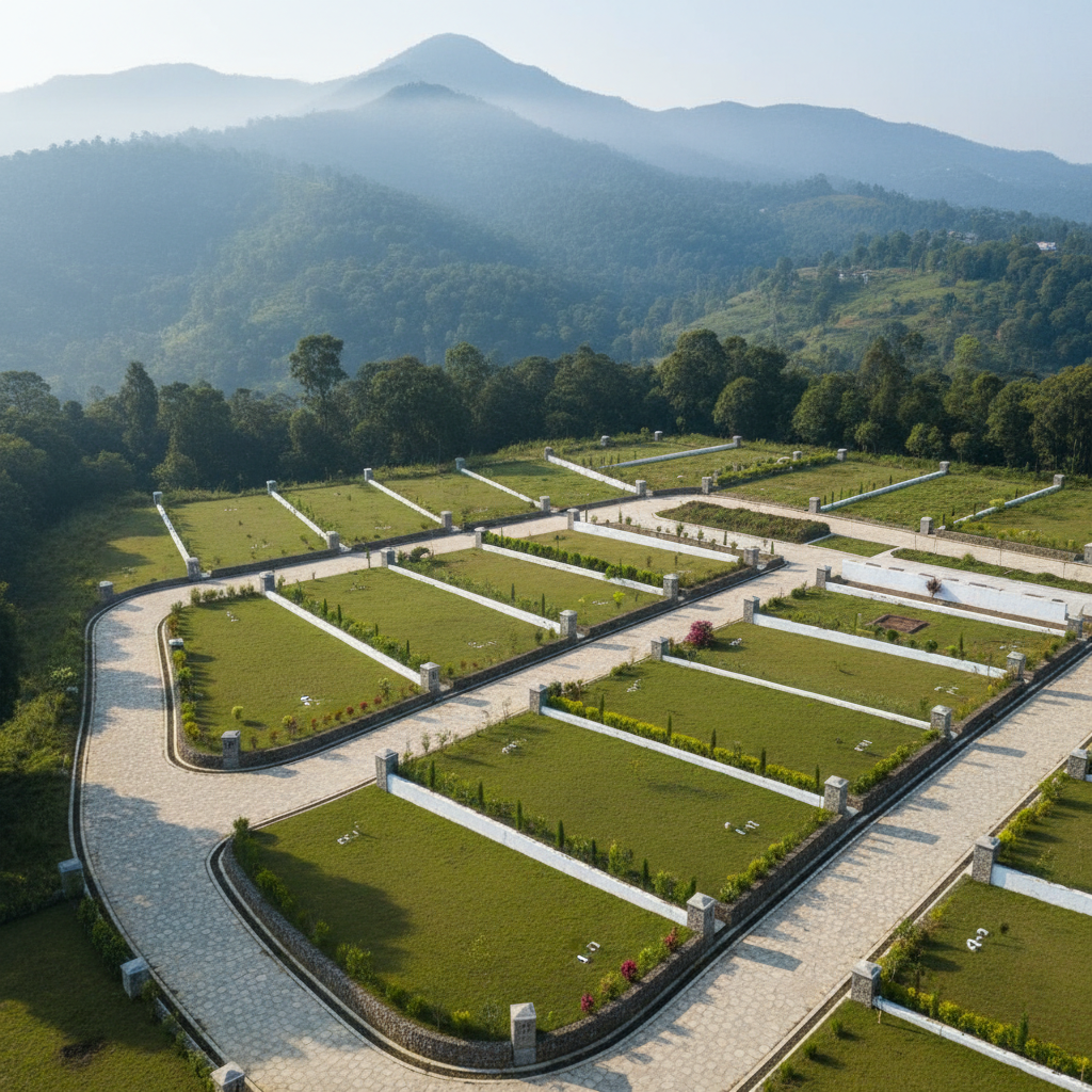 Cluster of NA bungalow plots in Mahabaleshwar–Panchgani with internal paved roads, clear plot demarcations and compound walls, gentle slopes and lush green hills in the background, bright but soft daylight, modern aerial or slightly elevated real-estate photography, no people.