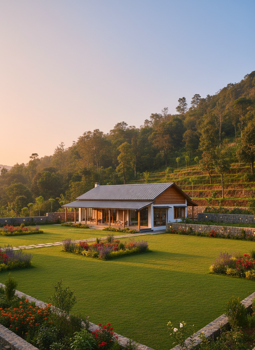 Modern low-rise farmhouse style building within NA plots in Mahabaleshwar–Panchgani, surrounded by neatly landscaped green lawns and compound walls, with terraced hills and dense greenery in the background, warm late-afternoon light, clean contemporary real-estate photography, no people.