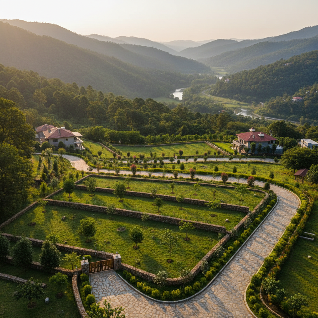 Premium NA farmland plot in Mahabaleshwar - Panchgani, matching the visual style of existing site images: high-end, realistic photography of clearly demarcated plots on gentle slopes with greenery, access road, and valley backdrop, shot in soft late-afternoon light, square format.