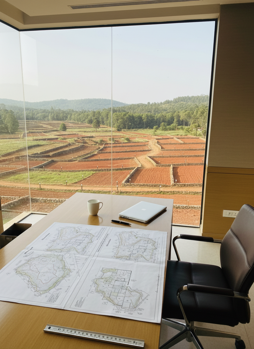 A refined, modern interior site office view in Mahabaleshwar - Panchgani, overlooking NA plots and green farmland through a large window. On a clean wooden desk, detailed printed layouts of NA plots and contour maps are neatly arranged beside a closed laptop and a surveyor’s measuring scale. The outdoor view shows gently sloping, well-demarcated NA plots with stone boundary markers, red laterite soil, and lush greenery under soft afternoon light. The style is realistic, premium, and trustworthy, matching a high-end NA land and farmland real estate website.
