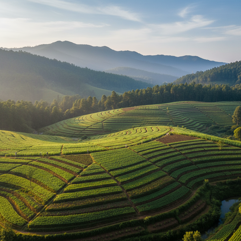 Lush agricultural NA farmland in Mahabaleshwar–Panchgani with well-demarcated plots, vibrant green fields, and scenic forested hills in the background under soft morning light. No people, clean and premium real-estate photography style.