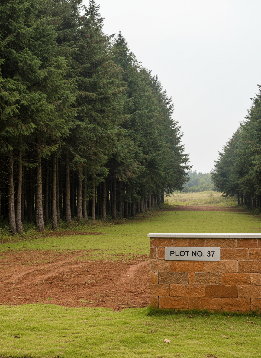 A quiet, exclusive NA plot bordered on one side by a dense, mature forest of tall evergreen trees and on the other by a low, architecturally simple laterite stone wall with a sleek metal nameplate indicating the plot number. The ground is a mix of trimmed natural grass and exposed, firm red soil, suggesting readiness for construction. Soft, overcast daylight creates a gentle, diffused illumination with minimal shadows, emphasizing color accuracy and texture. Shot at eye level with a wide lens, the composition balances the open land in the foreground and the protective tree line in the background. The mood is secluded, secure, and upscale, depicted in clean, natural photographic realism.