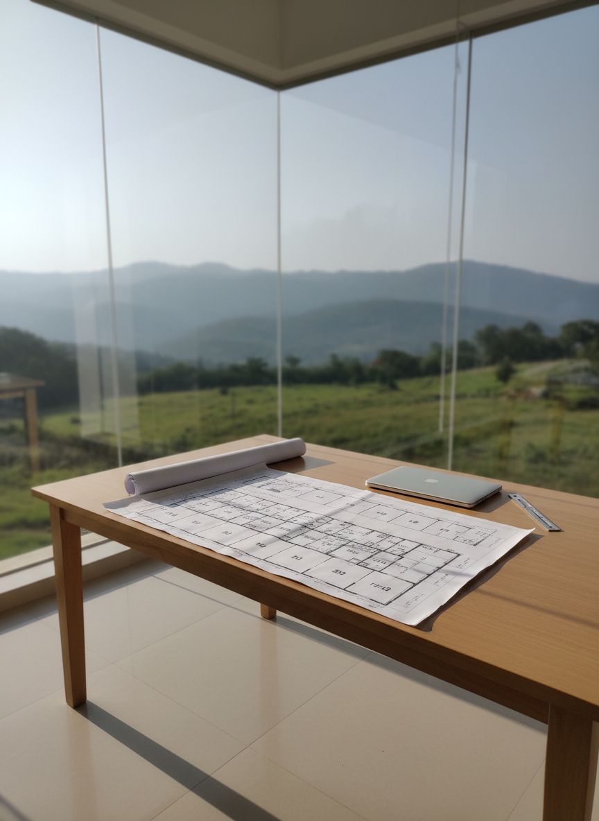 A sophisticated, minimalist site office corner without people, featuring a large floor-to-ceiling window overlooking a green NA plot and distant Panchgani hills. Inside, a sleek, light-wood table holds a detailed printed layout of multiple plots with numbered labels, a precision metal scale, and a closed laptop. Late morning sunlight streams through the glass, casting crisp yet gentle shadows of the window frame across the table and onto the blueprint. Shot from a slightly elevated angle with shallow depth of field, the main focus rests on the plot layout while the outdoor land view remains slightly softened. The atmosphere is calm, analytical, and trustworthy, captured in realistic, modern photographic style.