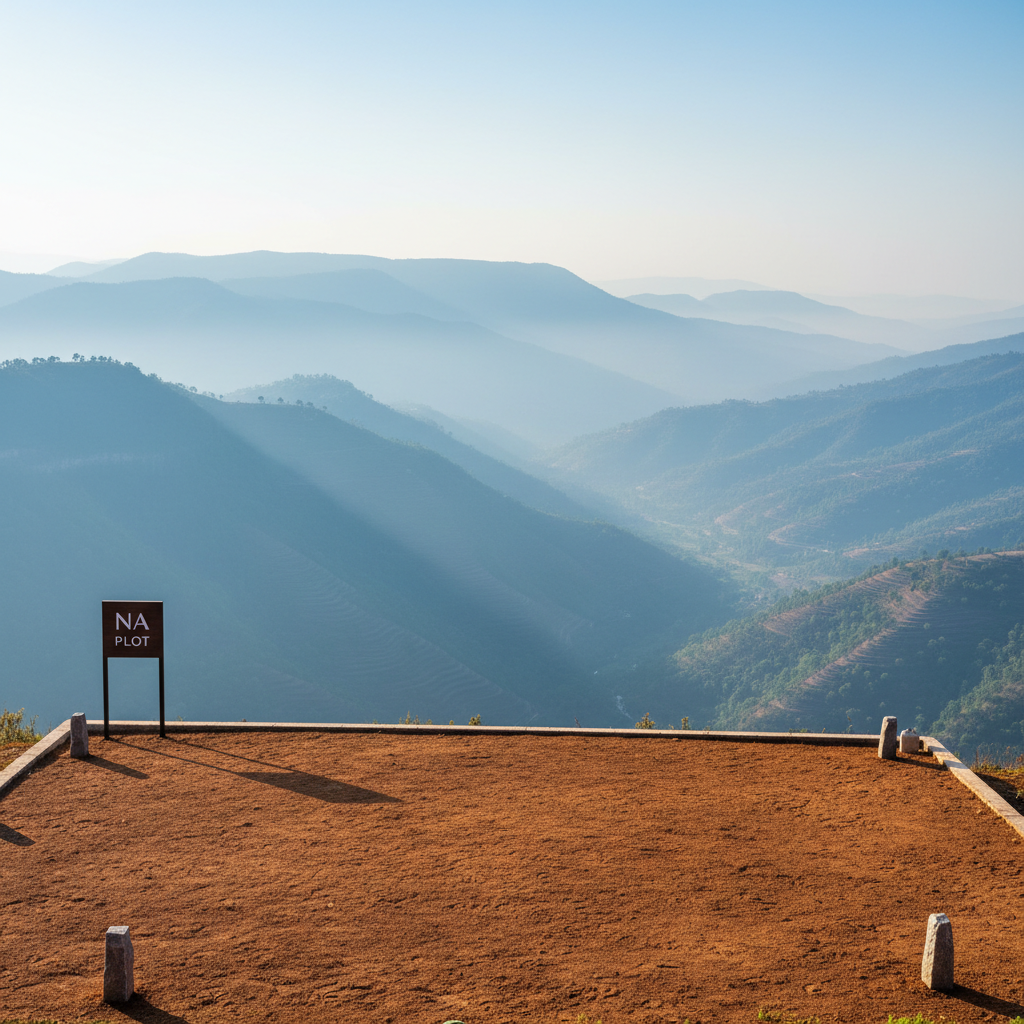 A premium NA plot perched on a plateau edge, showcasing a sweeping view of the Panchgani–Mahabaleshwar valley below, with layered blue-green hills receding into soft atmospheric haze. The foreground features a neatly leveled, vegetation-free section of earth with visible survey stones and a simple, tasteful signboard reading “NA PLOT” in understated typography. Soft early morning sunlight filters through light mist, creating a refined, tranquil mood. Shot at eye level with a subtle rule-of-thirds composition that emphasizes both the usable land and spectacular view. The photographic style is clean, modern, and sophisticated, with natural colors, crisp detail, and a sense of legal clarity and investment security.