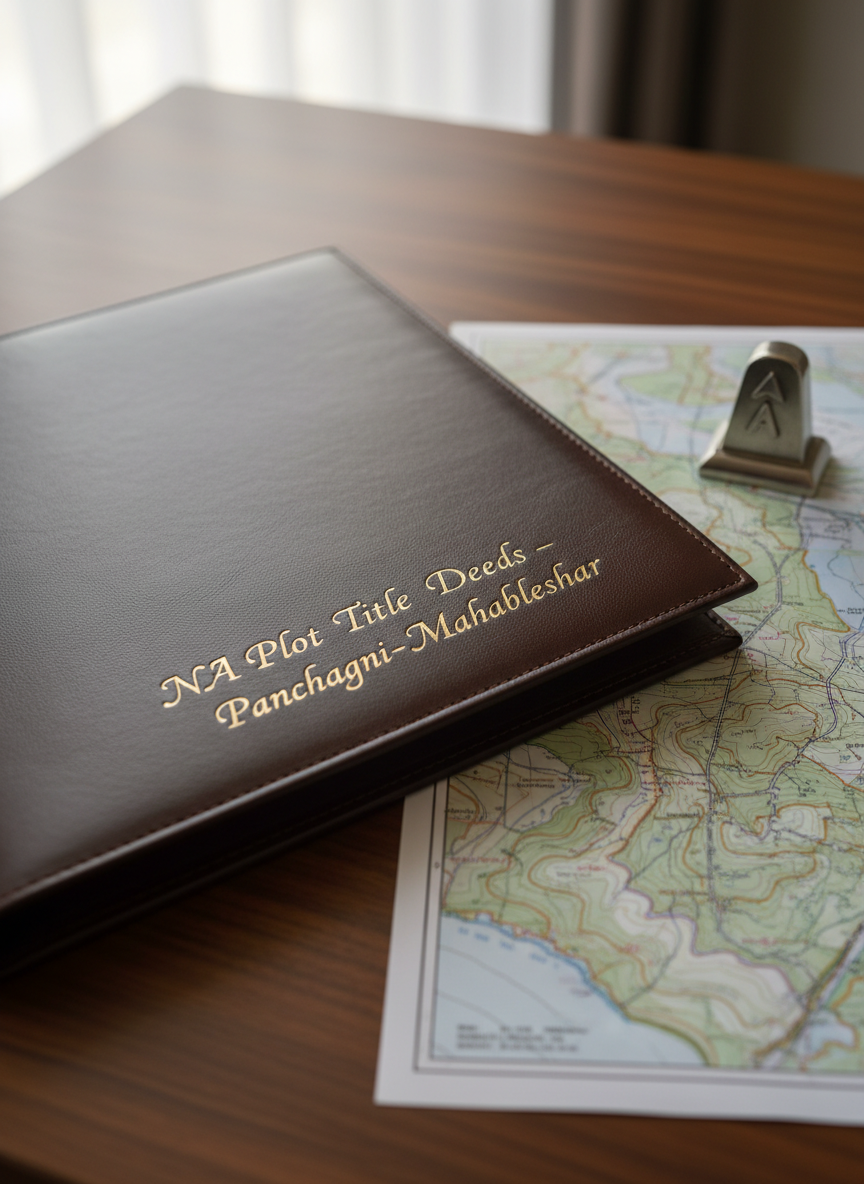 An elegant, close-up view of a polished legal document folder labeled “NA Plot Title Deeds – Panchgani–Mahabaleshwar” embossed in subtle metallic lettering on rich, dark leather. The folder rests on a smooth, walnut-wood desk beside an open, high-quality topographic site map with contour lines and plot boundaries precisely marked. Soft, diffused daylight from an unseen window creates gentle highlights on the leather texture and a refined sheen on a metal paperweight shaped like a small boundary stone. Shot from a slightly elevated, three-quarter angle with a shallow depth of field, the focus centers on the title text, while the background fades into a tasteful blur. The mood is professional, sophisticated, and reassuring, in a clean photographic style.
