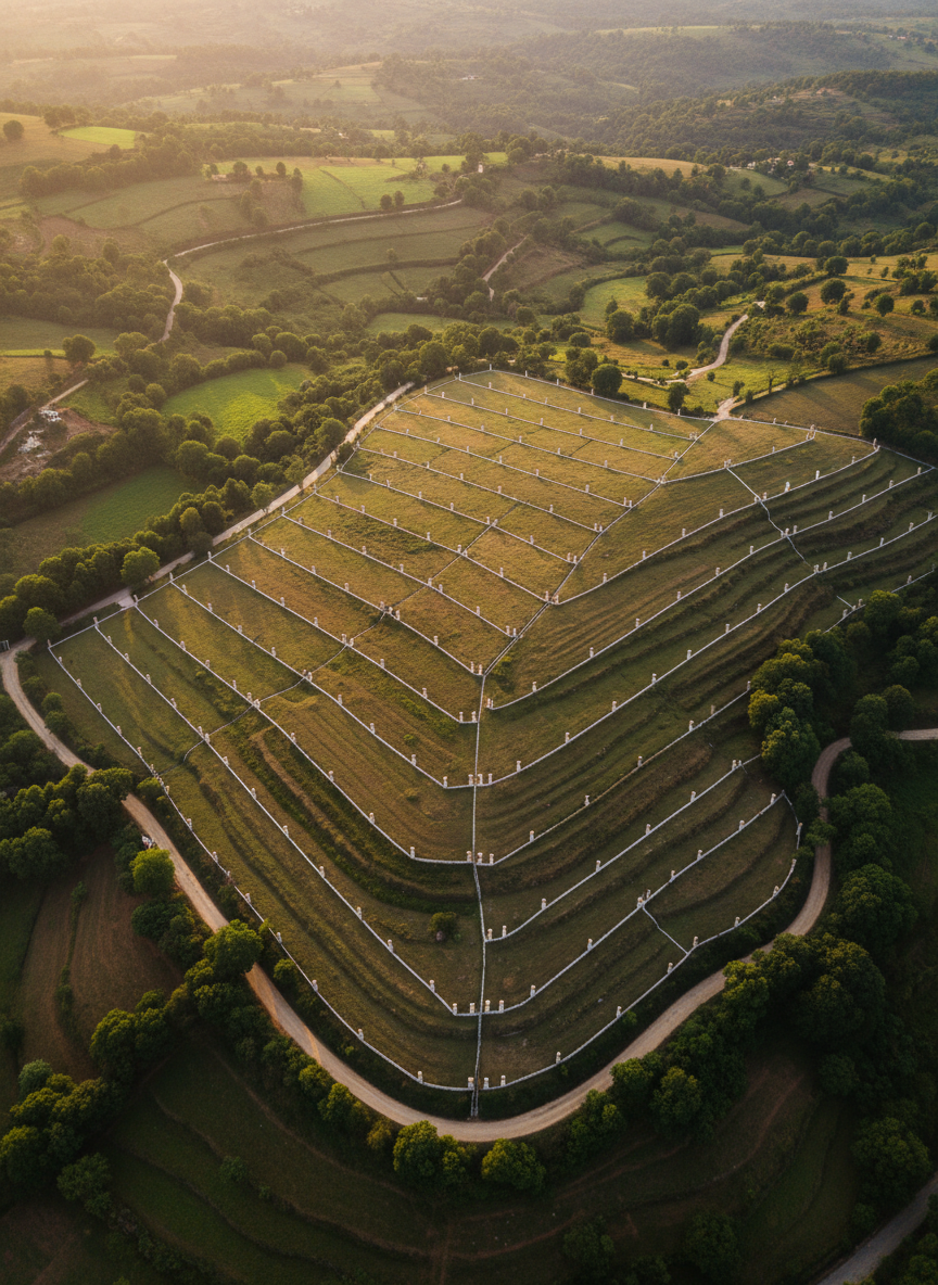 A refined aerial, bird’s-eye photographic view of a cluster of NA plots laid out in an organized grid on a gently contoured hillside in Panchgani–Mahabaleshwar. Each plot is clearly demarcated with light-colored boundary lines and intermittent stone pillars, set against a tapestry of green fields, tree groves, and winding rural roads. Late afternoon sunlight casts soft, directional light that reveals the terrain’s subtle undulations while maintaining a calm, balanced mood. The composition emphasizes geometry and order, with diagonal property lines leading the eye through the frame. The overall aesthetic is sophisticated, precise, and investment-focused, rendered in high-resolution photographic realism suitable for a premium land advisory website.