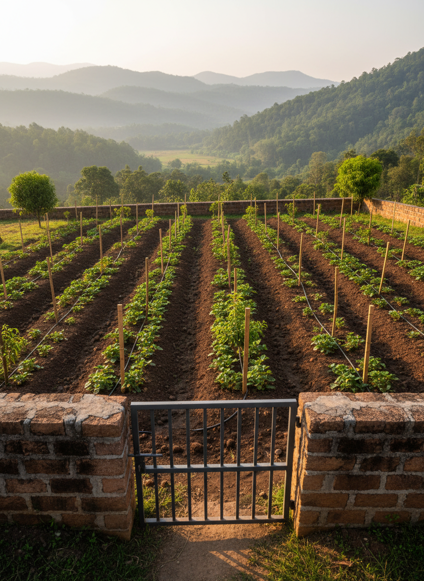 A meticulously maintained farmland-style NA plot in Mahabaleshwar, with orderly rows of young fruit trees planted in rich, dark soil, each tree supported by slender wooden stakes and clean drip-irrigation lines. The plot is framed by a low, well-built laterite stone compound wall and a simple, sturdy metal gate in the foreground. Late afternoon sunlight casts a warm, even glow, accentuating textures of leaves, soil, and stone while casting soft, elongated shadows. Captured from a slightly elevated angle, the composition uses leading lines of the tree rows to draw the eye toward distant forested hills. The mood is cultivated, prosperous, and reliable, rendered in high-end photographic realism for a sophisticated real estate audience.